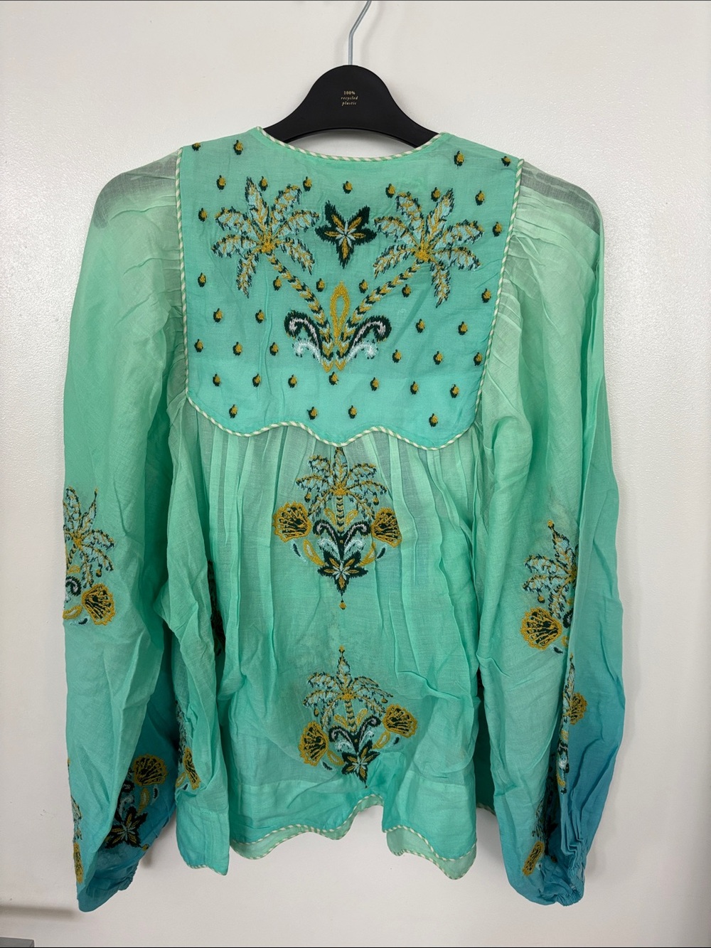 FARM RIO Brazilian Tropical Turquoise Palm Tree Tapestry Yoke Blouse - Picture 5 of 8